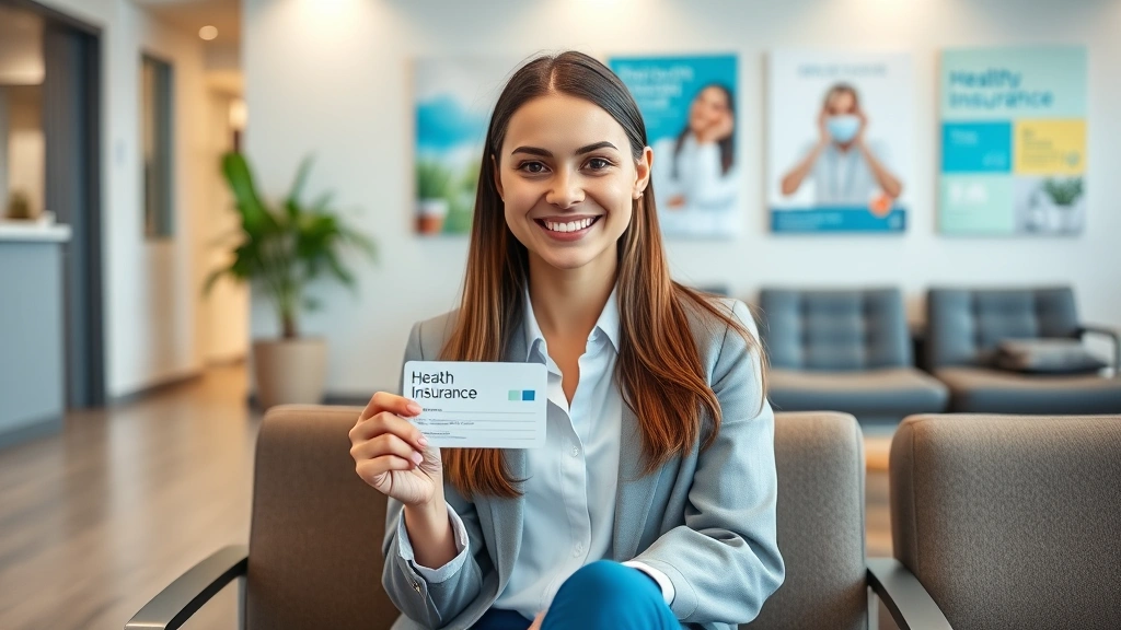 Young professional woman sitting in a healthcare clinic waiting room, holding health insurance card, smiling confidently, modern medical office background with contemporary furniture and wellness posters