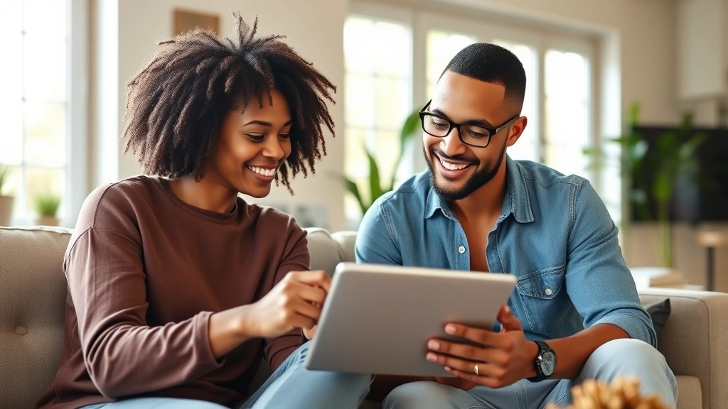 Young diverse couple comparing health insurance plans on tablet together in bright living room, smiling, casual home setting, warm afternoon light streaming through windows, candid lifestyle moment