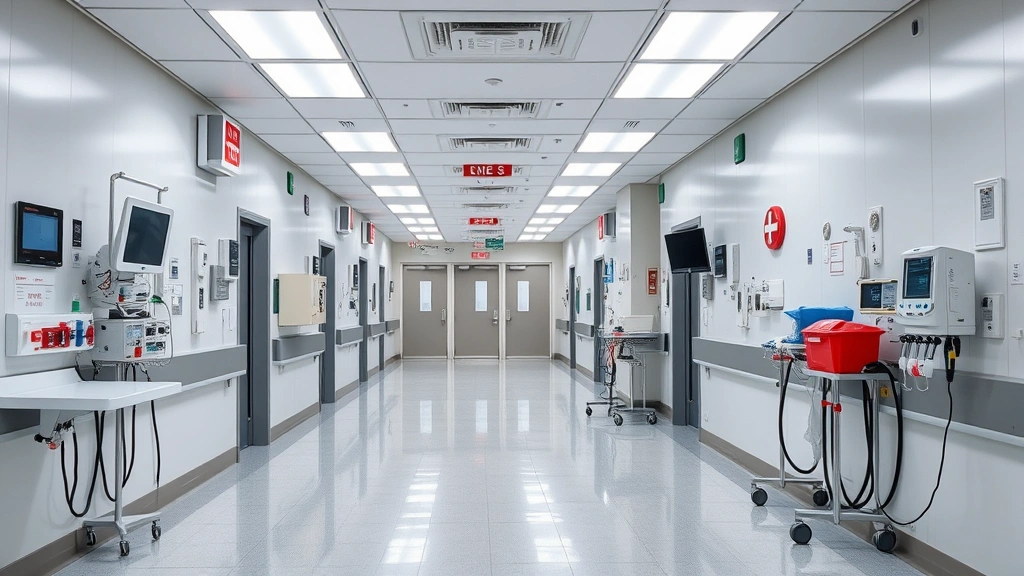 Emergency room hospital corridor with medical equipment, professional healthcare environment, modern facility, clinical yet approachable atmosphere, representing urgent care situations