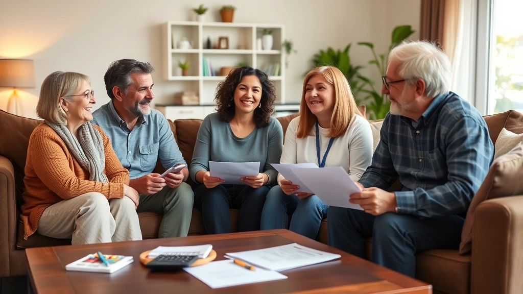 Diverse family group in living room having health insurance discussion, smiling, relaxed atmosphere, papers and calculator on coffee table, suburban home setting