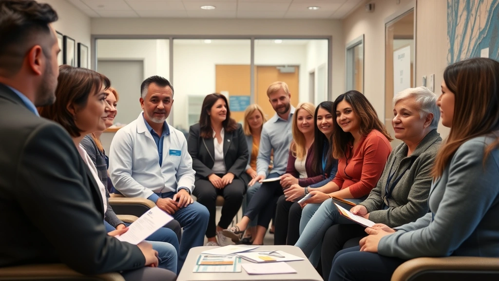 Diverse group of people in healthcare clinic waiting area, insurance cards visible, modern medical office environment, warm and welcoming atmosphere, candid lifestyle moment