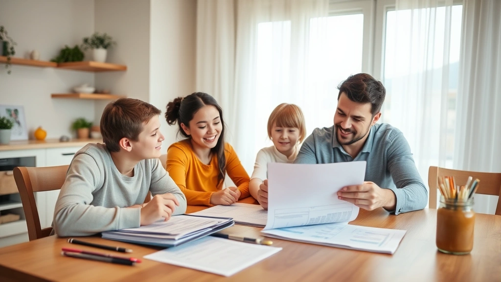 Young family reviewing household budget and insurance forms at dining table, warm lighting, organized paperwork, supportive moment capturing financial planning