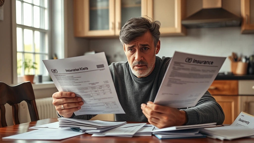 Stressed individual holding medical bills and insurance paperwork at kitchen table, worried expression, documents scattered, morning light coming through window, real financial concern depicted