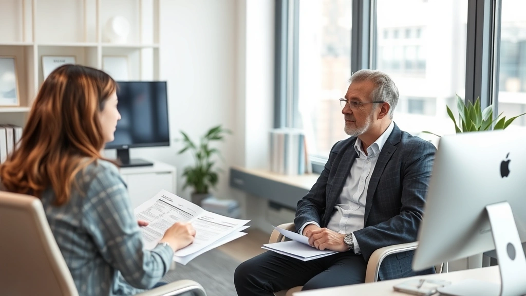Person meeting with healthcare advisor or insurance agent in professional office, discussing coverage options, papers and computer visible, collaborative atmosphere