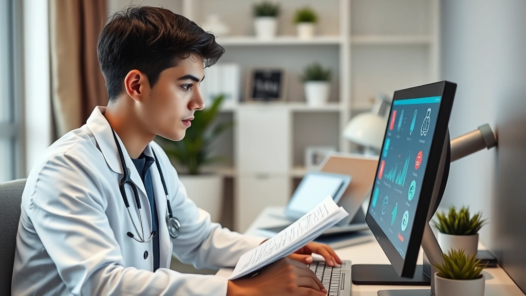 Young professional working on computer checking medical records, focused expression, organized desktop, healthcare symbols visible on screen, modern home office setting