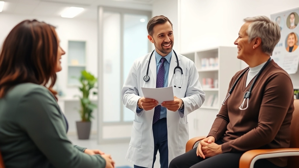 Healthcare professional in modern clinic setting explaining insurance options to patient, friendly interaction, clean medical office environment with welcoming atmosphere