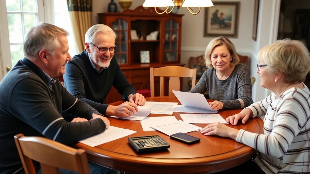 Family gathered around dining table discussing healthcare finances, positive supportive environment, papers and calculator visible, warm home setting