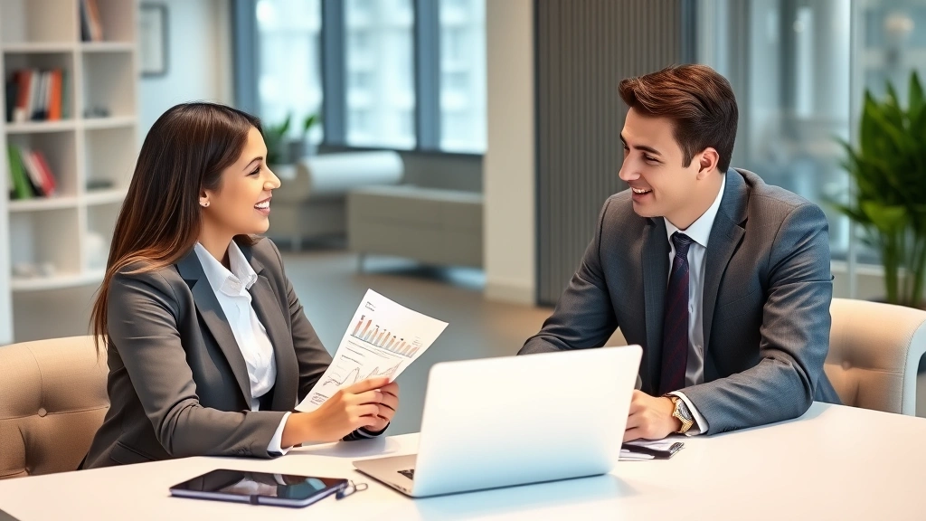 Young professional in business casual attire meeting with financial advisor in modern office, discussing health insurance options, laptop and charts visible, professional consultation setting