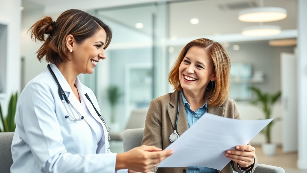 Woman meeting with healthcare advisor or insurance specialist in bright office, both smiling, reviewing documents together, professional setting with modern healthcare facility background, sense of clarity and relief