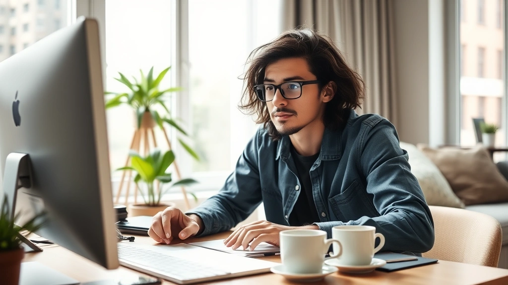 Young professional at computer researching health insurance options, coffee cup nearby, modern apartment background, determined expression, natural daylight