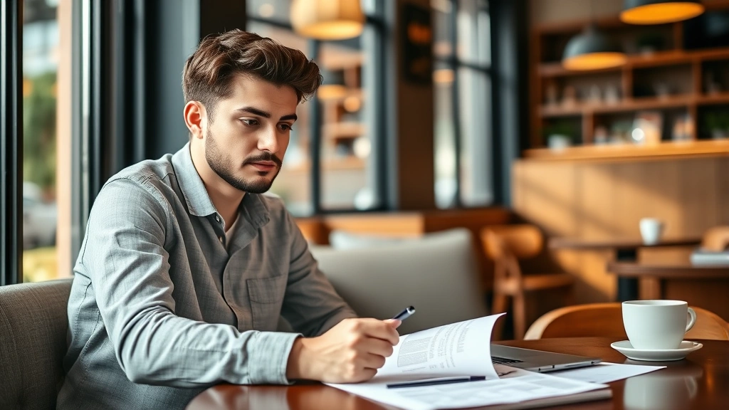 Young professional comparing health insurance plans on laptop at coffee shop, natural window light, thoughtful expression, organized papers spread out, contemporary workspace