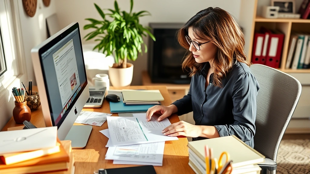 Woman at computer filing taxes, health insurance forms and penalty notices visible on desk, focused expression, organized home office setting with filing system, afternoon lighting