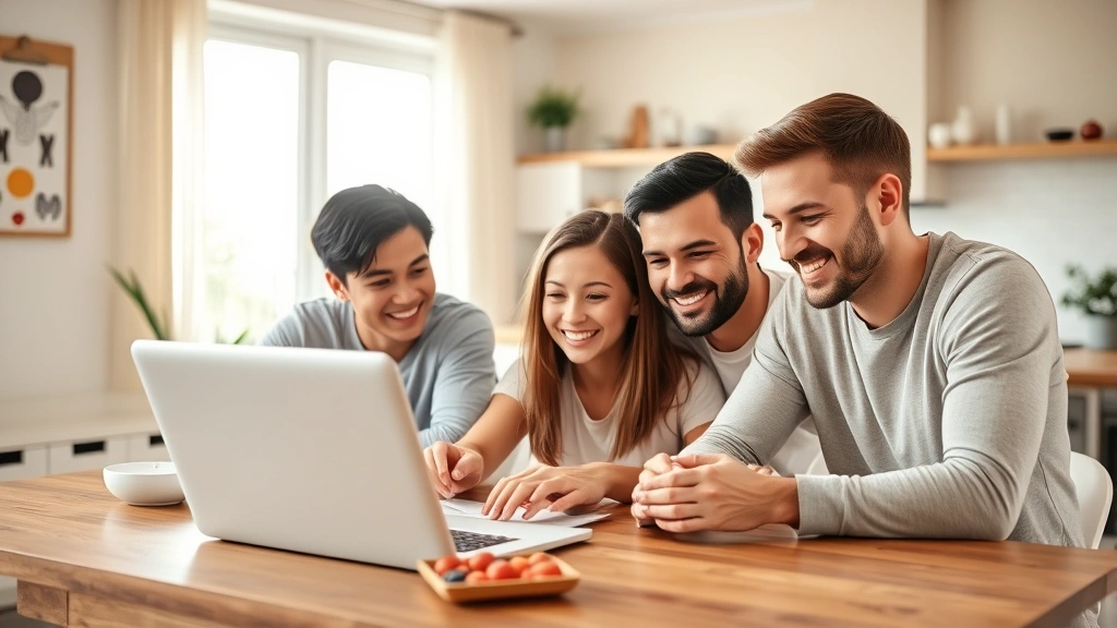 Young family sitting together reviewing healthcare options on laptop at dining table, relaxed home environment, diverse family, bright natural lighting, positive atmosphere