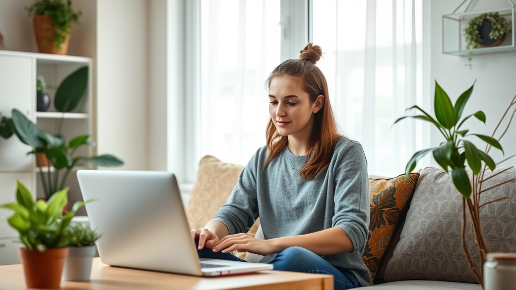 Young professional stress-free at home working remotely, peaceful expression, organized living space, wellness plants, representing peace of mind from health insurance coverage