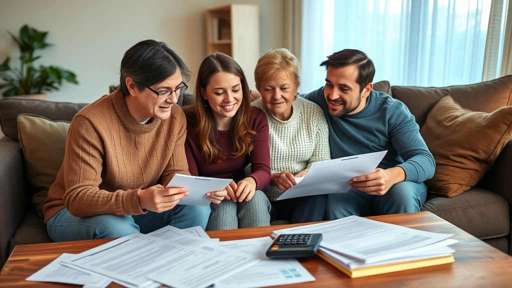 Family of four discussing finances at home with calculator and insurance forms, sitting together on comfortable couch, warm indoor lighting, focused and determined expressions, organized documents on coffee table