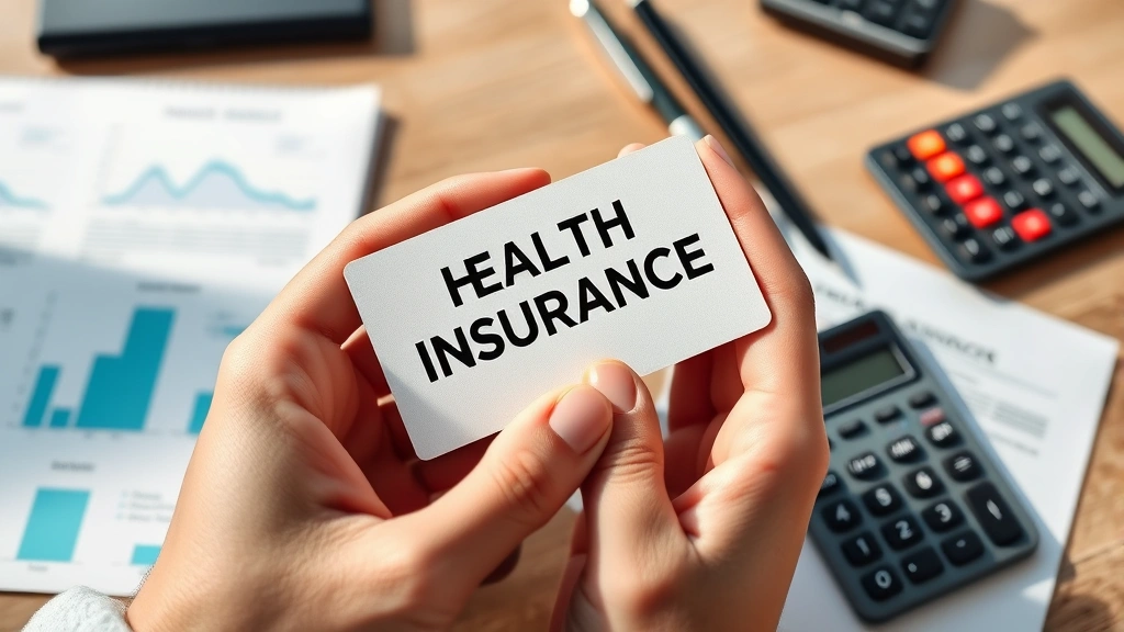 Close-up of hands holding health insurance card and medical documents, desk with calculator and notes, organized financial planning setup, professional lifestyle imagery with natural lighting