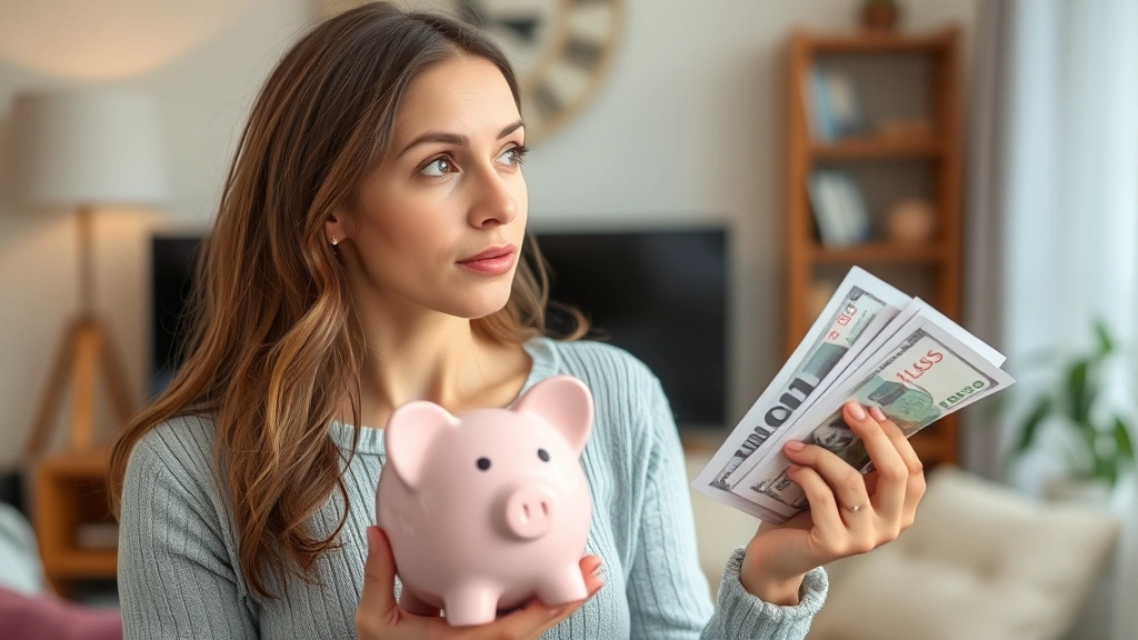 Woman holding piggy bank and medical bills, contemplating financial decisions, home setting, thoughtful expression, representing cost analysis and healthcare budget planning