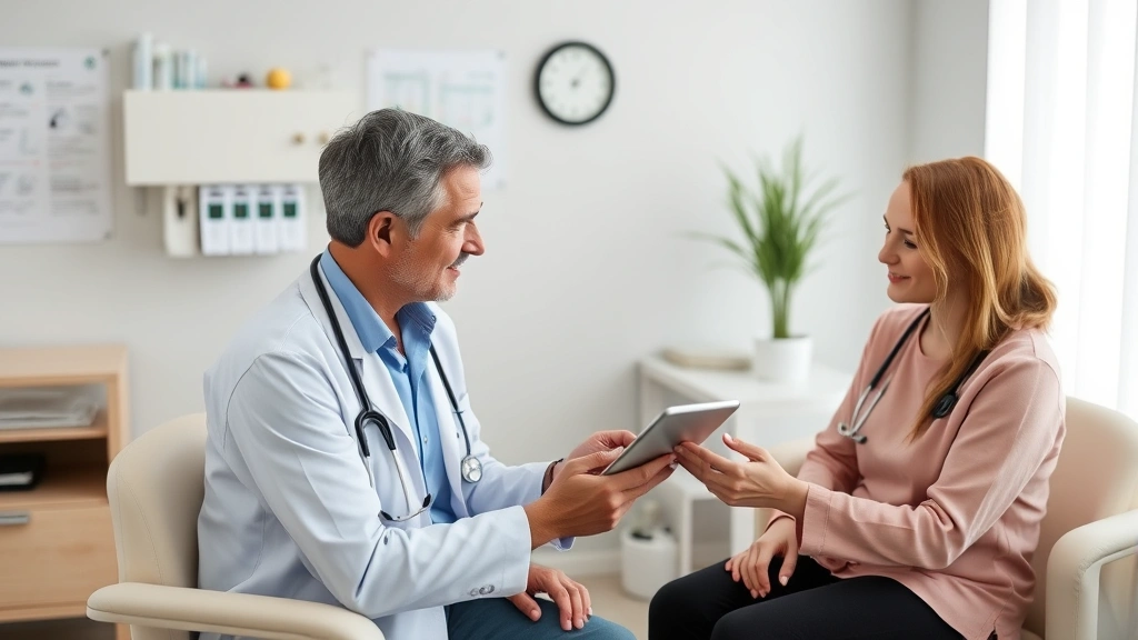 Healthcare professional conducting consultation with patient in clinic examining room, both looking at tablet showing insurance information, caring professional environment