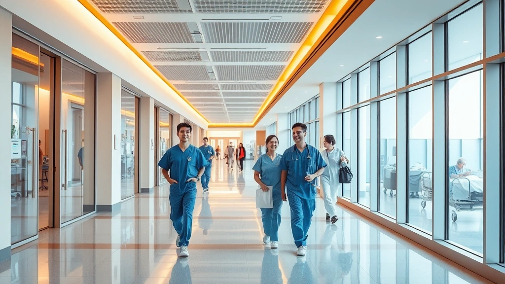 Modern hospital corridor with warm lighting, medical staff in scrubs walking purposefully, clean contemporary architecture with large windows showing natural light, welcoming healthcare environment, patients visible in background receiving care
