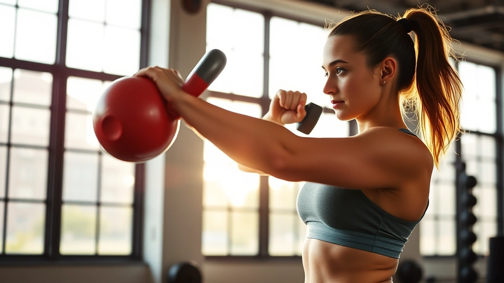 Athletic woman performing kettlebell swing in bright gym with morning sunlight streaming through large windows, focused expression, professional fitness environment