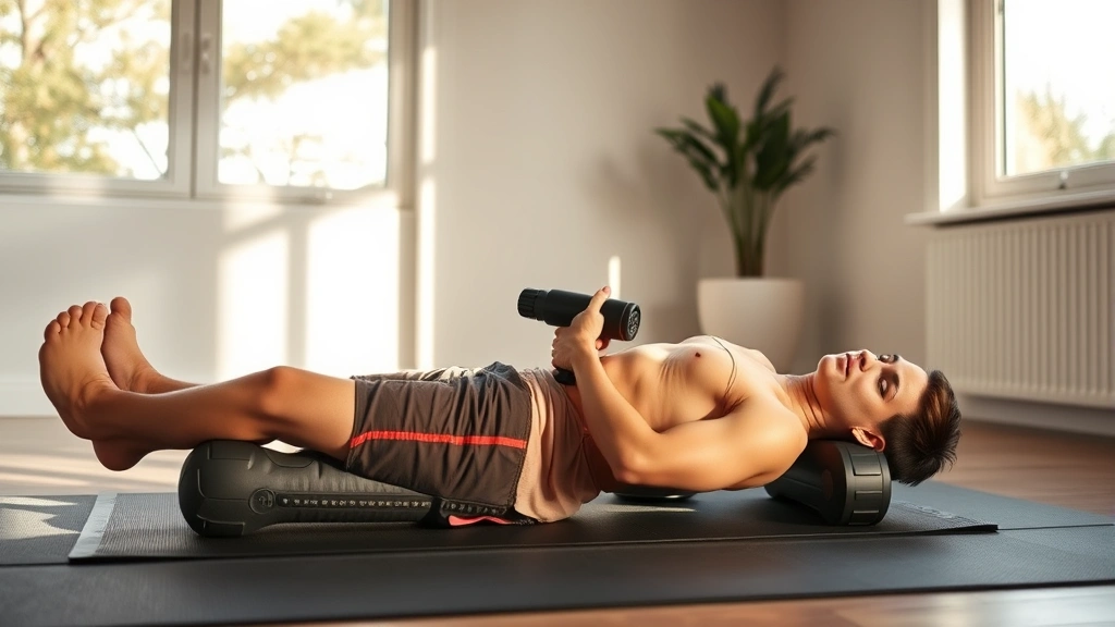 Athlete recovering with foam roller and massage gun on minimalist home gym mat, morning sunlight streaming through windows, calm focused expression