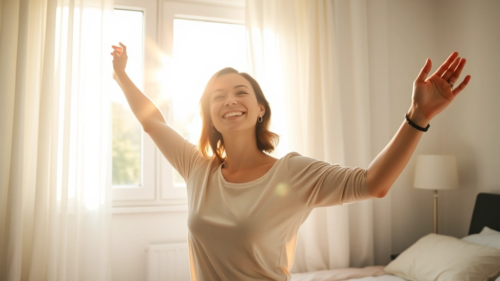 Woman in bright morning sunlight stretching by bedroom window, energized expression, natural light streaming through white curtains, peaceful bedroom setting, lifestyle photography