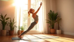 Woman stretching on yoga mat in bright morning sunlight, peaceful bedroom environment with plants, natural light streaming through windows, peaceful morning routine aesthetic