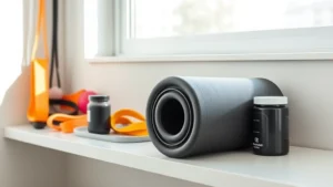 Modern minimalist home gym setup with foam roller, resistance bands, water bottle, and protein powder on white shelving, bright natural light, contemporary aesthetic