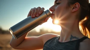 Athletic person hydrating with premium insulated water bottle during outdoor training session, morning sunlight, fit lifestyle aesthetic, professional photography
