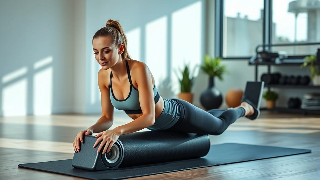 Athletic woman using foam roller on leg in modern home gym, natural lighting, comfortable workout attire, focused expression, recovery routine