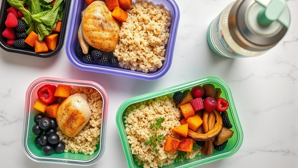 Overhead shot of colorful meal prep containers with grilled chicken, quinoa, roasted vegetables, and berries arranged on marble countertop with water bottle
