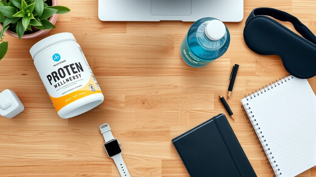 Organized wellness desk with protein powder, electrolyte drink, smartwatch, sleep mask, and journal arranged aesthetically on natural wood surface