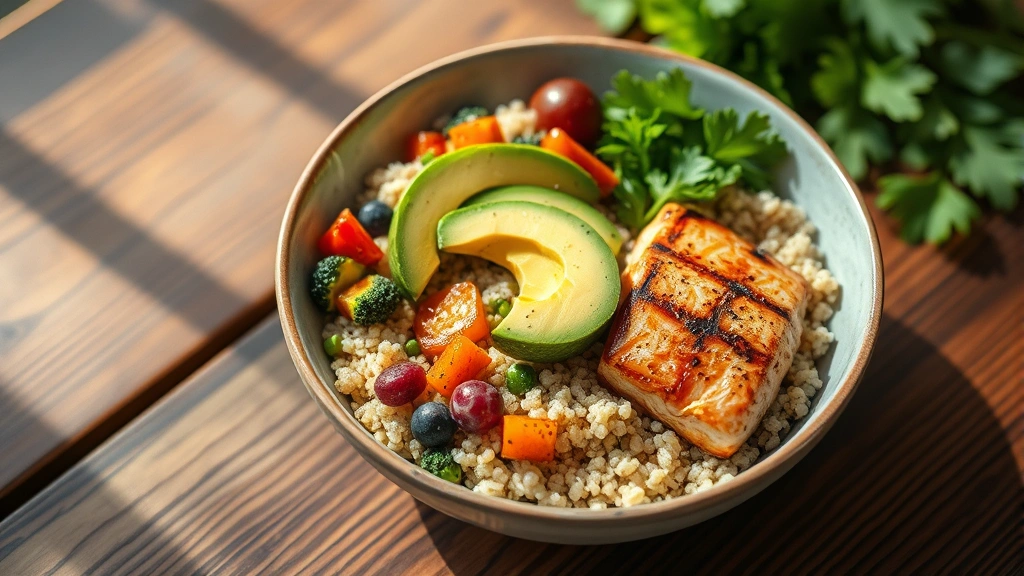 Colorful bowl of quinoa with roasted vegetables, avocado, and grilled salmon, nutrient-dense meal, natural lighting on wooden table, fresh ingredients visible, healthy eating aesthetic