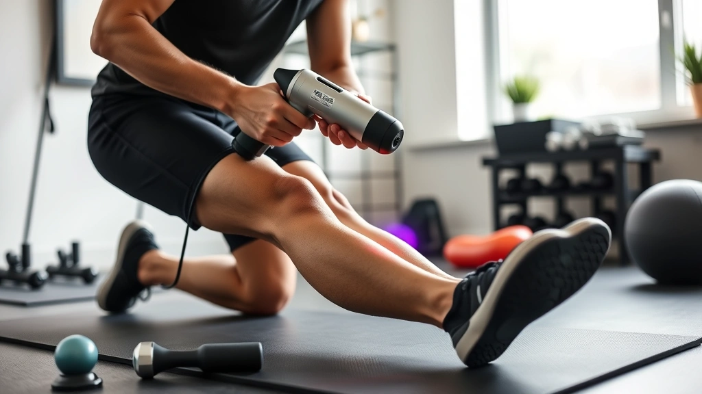 Athlete using massage gun on legs for recovery, modern home gym setting, recovery tools displayed, wellness-focused composition, clean bright lighting