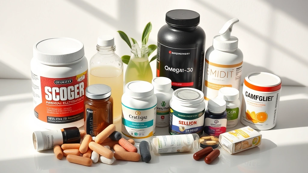 Organized supplement collection with protein powder, electrolyte drink, creatine, omega-3s on clean white surface, morning sunlight, wellness aesthetic