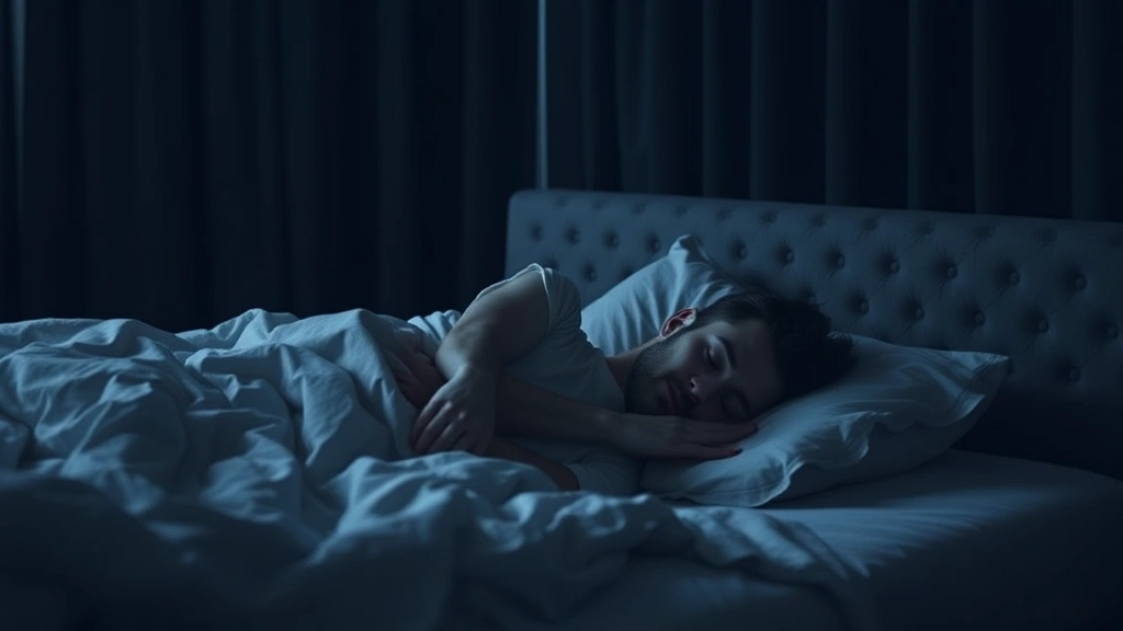 Person sleeping peacefully in dark bedroom with blackout curtains, cool modern bedding, morning light barely visible at edges, serene relaxation