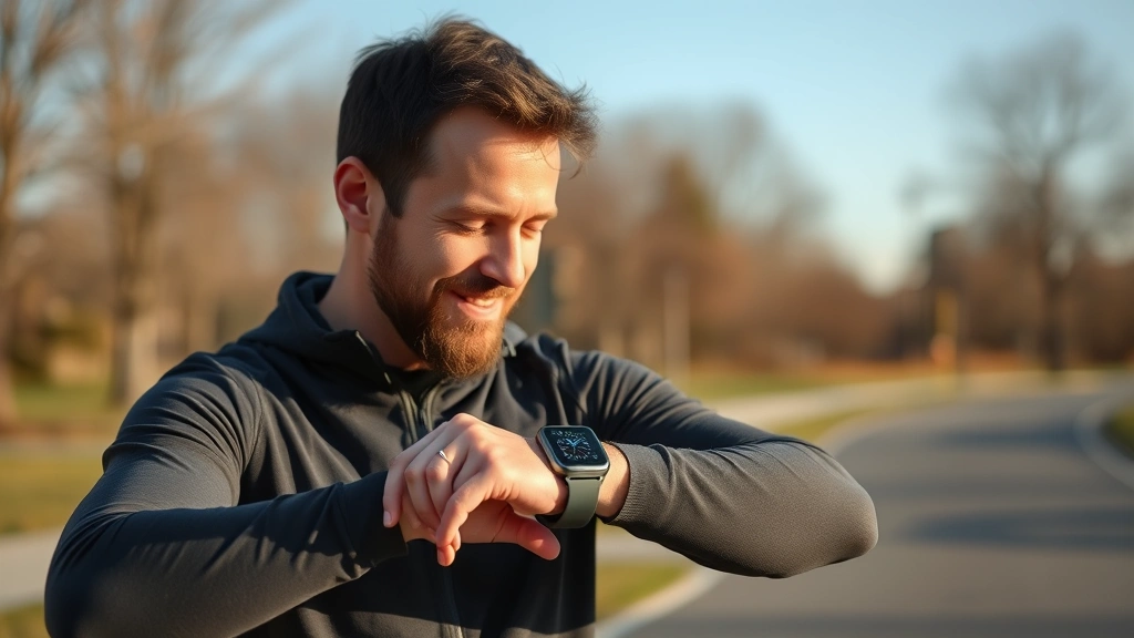 Man checking smartwatch after workout, outdoor setting, checking health metrics and performance data, modern fitness technology, satisfied expression, athletic wear, morning jog completed