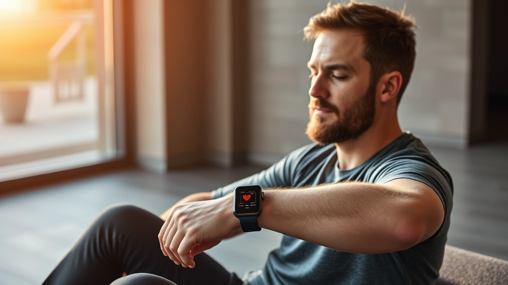Man wearing fitness smartwatch checking heart rate data while sitting peacefully after workout, calm environment, recovery mode, health tracking technology