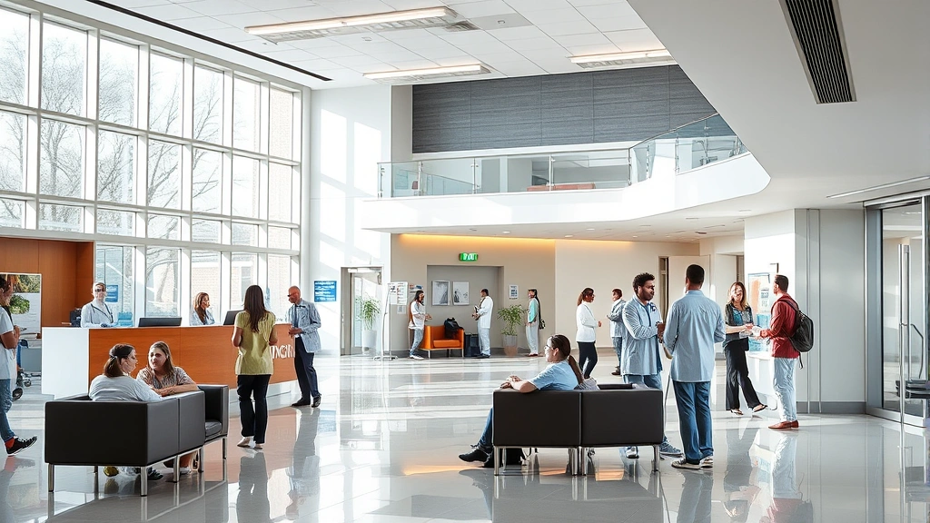 Modern hospital lobby with welcoming reception desk, natural lighting through large windows, comfortable seating areas, diverse patients and staff interacting warmly in bright medical facility