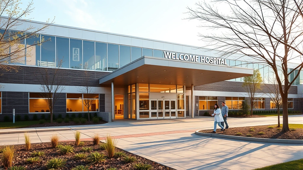 Modern hospital building exterior with welcoming entrance, natural lighting, landscaping, medical professionals walking outside, Rolla Missouri morning atmosphere