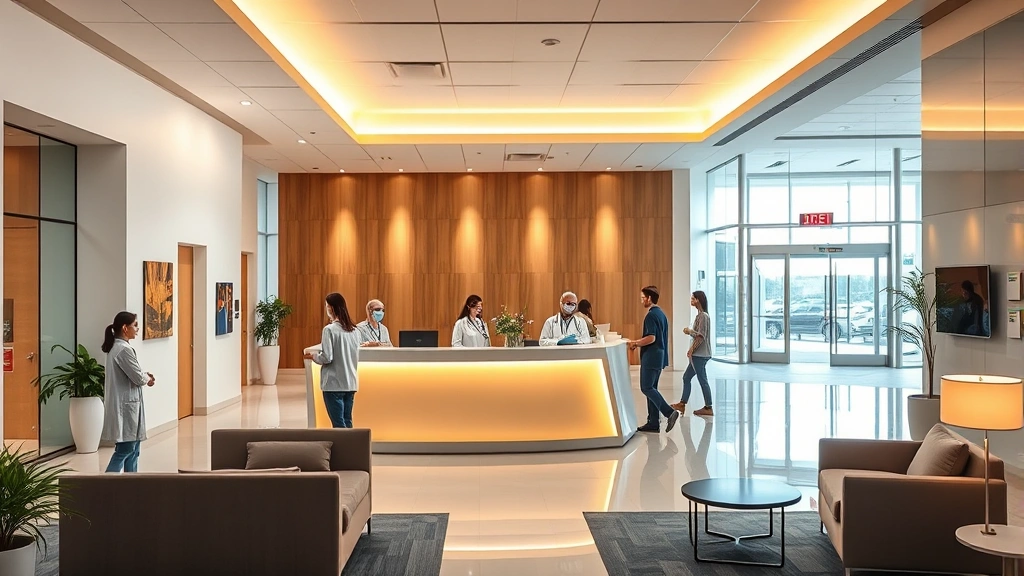 Modern hospital lobby with welcoming reception desk, warm lighting, diverse healthcare staff assisting patients, comfortable seating areas, clean contemporary architecture, peaceful wellness atmosphere