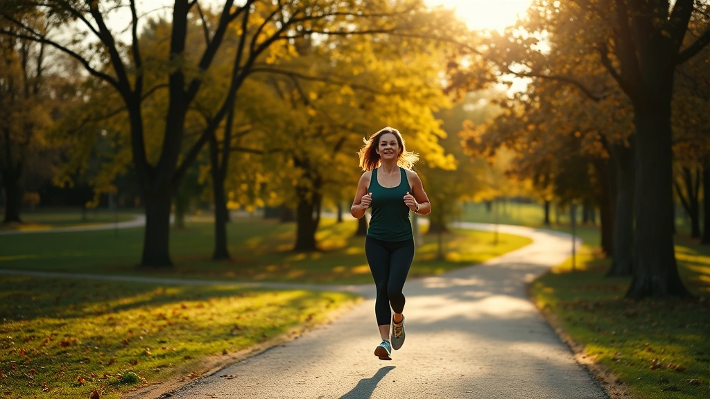 Middle-aged woman jogging through Rolla park with autumn trees and morning sunlight, wearing athletic gear, peaceful serene expression, natural landscape background