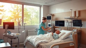 Modern hospital patient care room with warm lighting, comfortable bedside amenities, friendly nurse assisting patient, medical monitors displaying vital signs, bright windows overlooking trees, calming therapeutic environment
