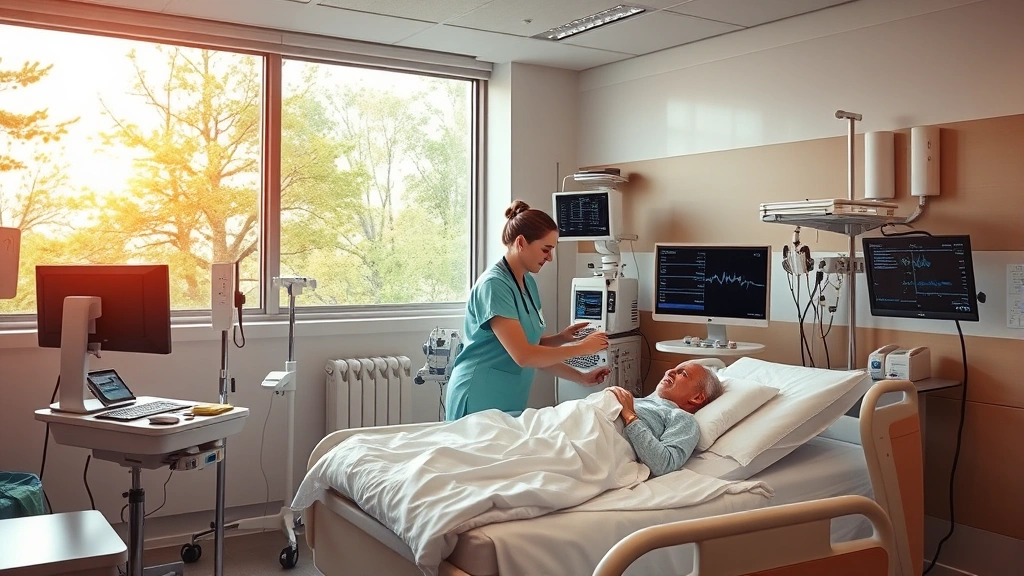 Modern hospital patient care room with warm lighting, comfortable bedside amenities, friendly nurse assisting patient, medical monitors displaying vital signs, bright windows overlooking trees, calming therapeutic environment