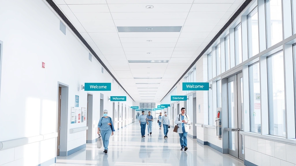 Modern hospital corridor with bright natural light, clean contemporary architecture, welcoming signage, professional healthcare environment, patients and staff moving purposefully