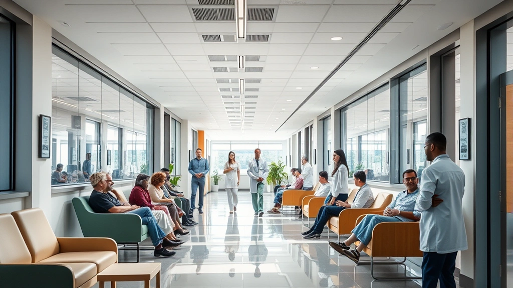 Modern hospital corridor with natural lighting, comfortable seating areas, diverse patients and healthcare professionals interacting warmly, contemporary medical facility design, welcoming atmosphere