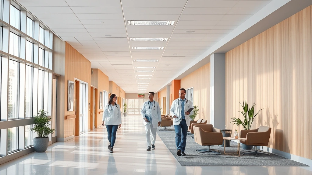 Modern hospital corridor with natural lighting, healthcare professionals walking purposefully, clean contemporary architecture, welcoming patient reception area with comfortable seating, warm neutral tones, photorealistic daylight