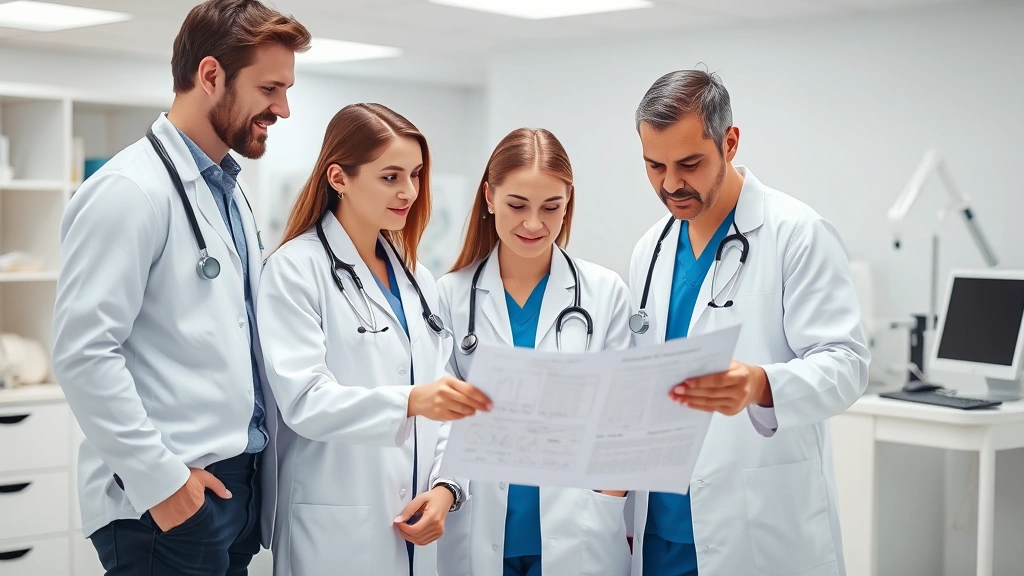 Healthcare professionals in white coats and scrubs collaborating around patient chart, stethoscopes visible, modern clinical workspace with medical equipment, focused caring expressions