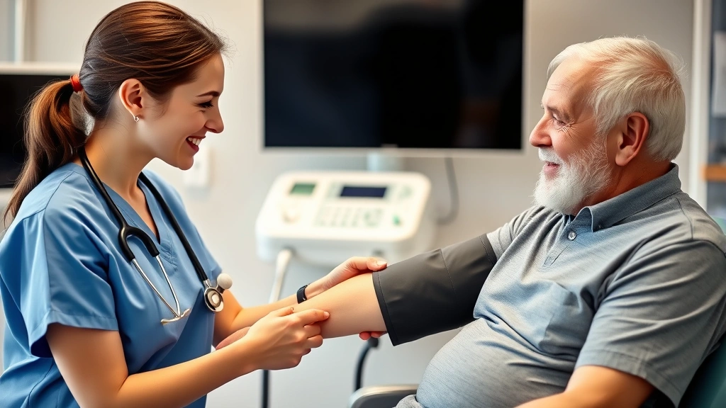 Compassionate female nurse checking blood pressure of elderly male patient in bright clinical room, warm interaction, modern medical equipment visible
