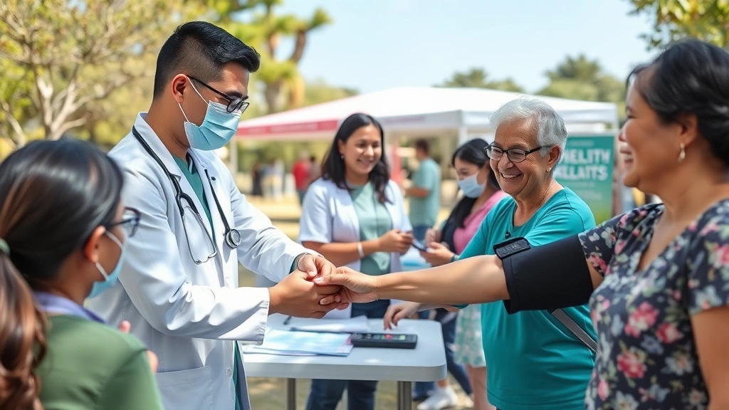 Community health screening event outdoors, healthcare professionals taking blood pressure, smiling residents of various ages, sunny park setting, wellness booths, healthy lifestyle promotion, accessible medical care
